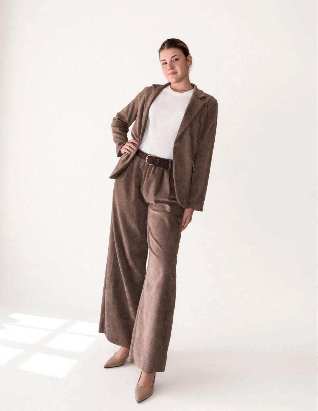 Traje Mujer Marrón Pana Fina Blazer Solapa + Pantalón Palazzo Talla 36-42 | Velyra Atelier